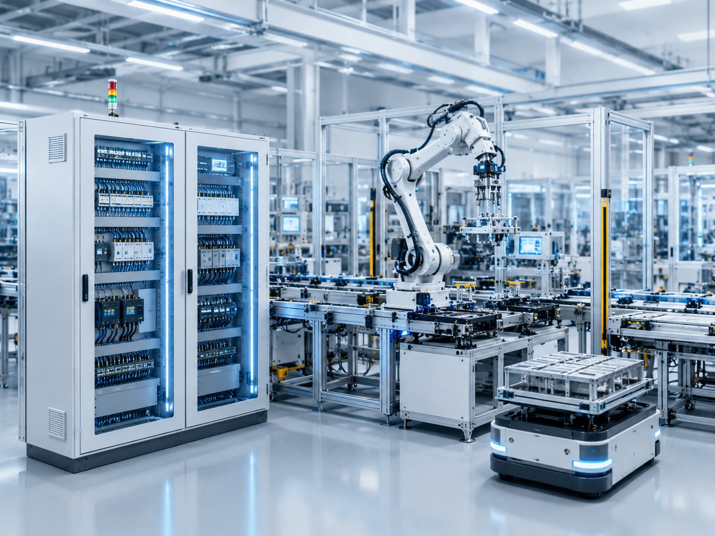 Akıllı fabrikada robotik kol ve otomasyon panosu